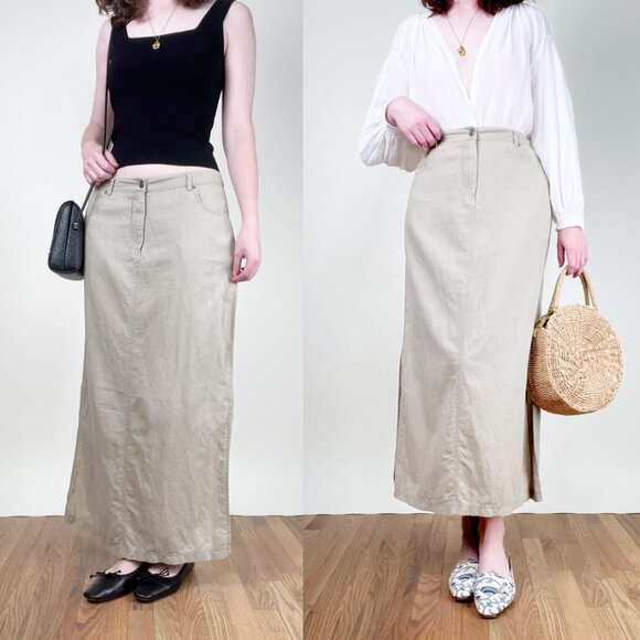 Vintage Linen High or Low Rise Maxi Skirt Straight Column Fit 90s Y2K Euro Girl - Picture 1 of 10